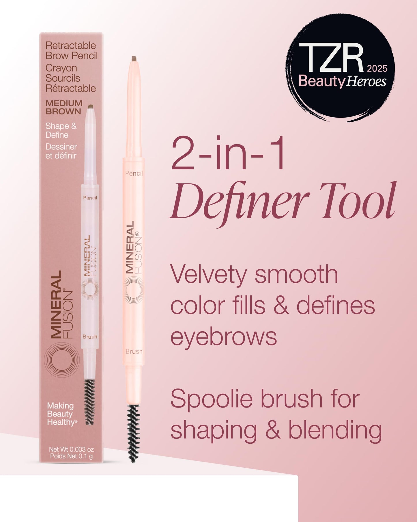 Mineral Fusion Retractable Brow Pencil (Medium Brown) - TZR 2025 Beauty Heroes Award Winner - Shape & Define Eyebrow with Blending Spoolie Brush… Beauty & Personal Care Mineral Fusion
