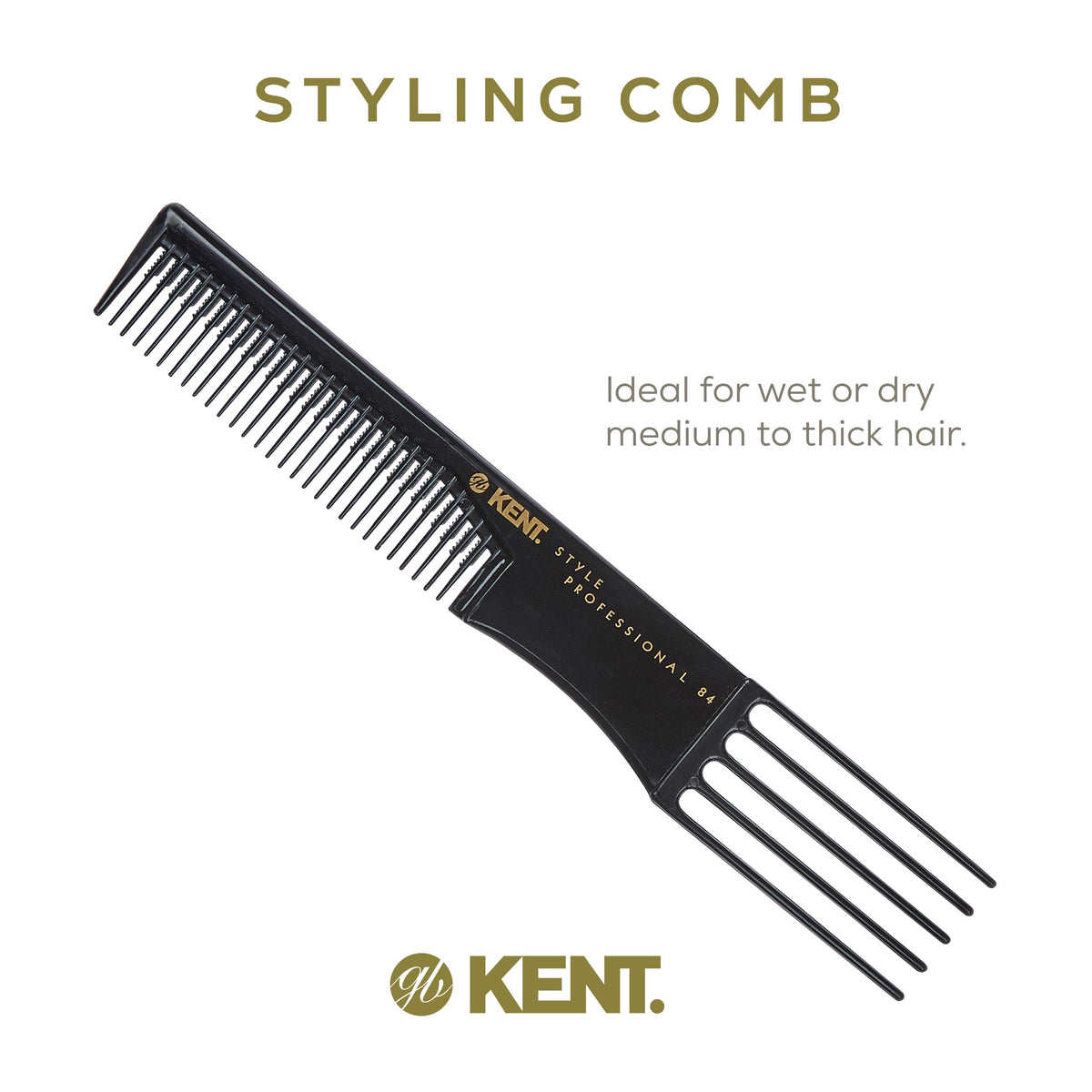 Kent SPC84 Hair Pick Comb for Curly, and Thick Hair - Professional Antistatic Heat-Resistant Prong Fork for Volume and Lift - Barber Teasing Comb for