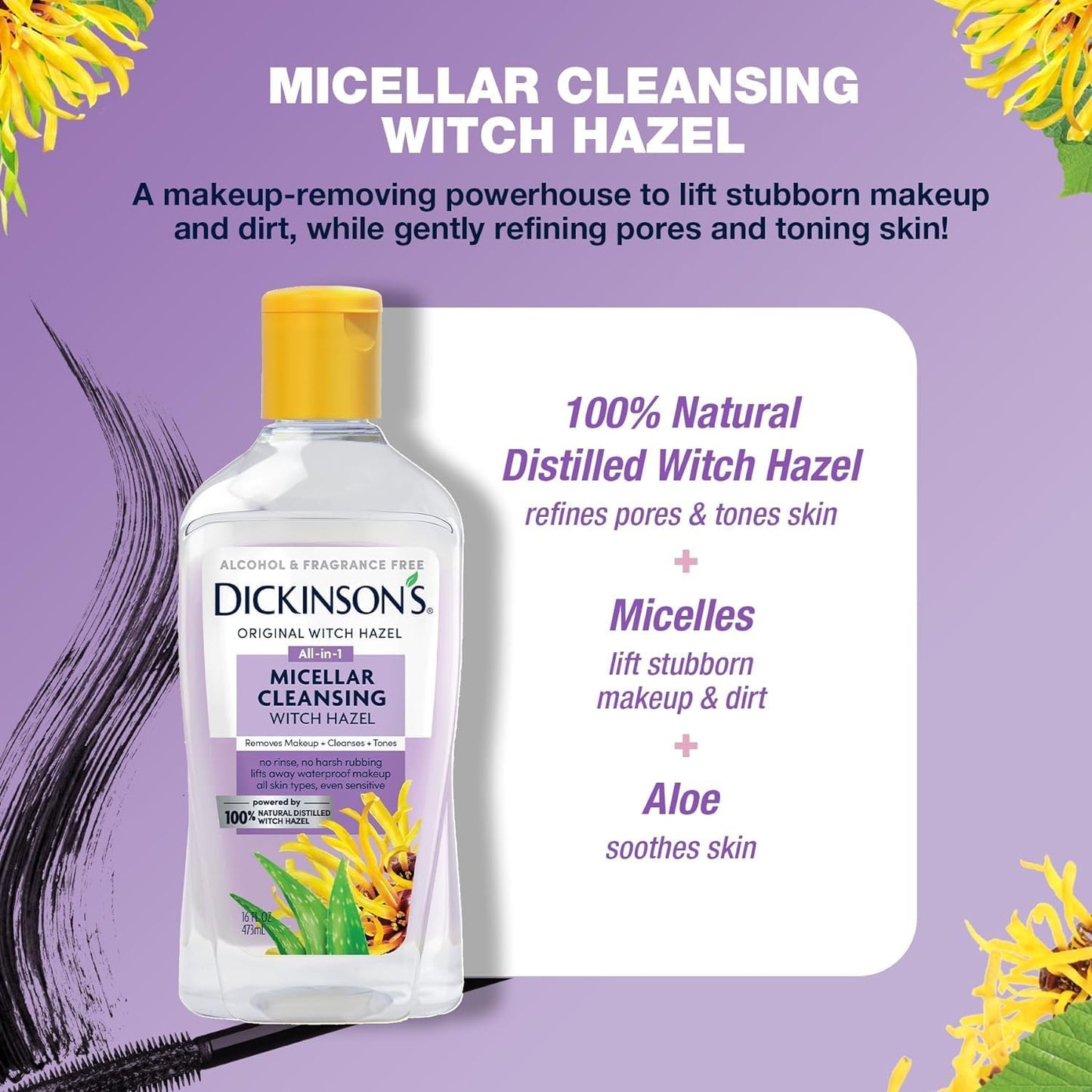 Dickinson's Micellar Cleansing Witch Hazel, An All-in-1 Makeup Remover, Pore Refiner, Skin Cleanser and Toner; Alcohol Free with Aloe, for Sensitive Beauty and Personal Care Dickinson's