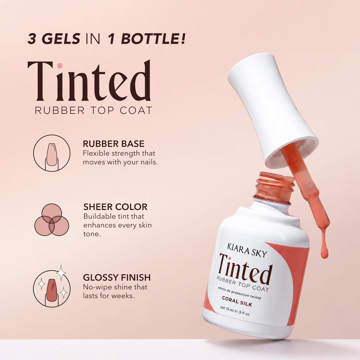 KIARA SKY Tinted Rubber Top Coat - 3-in-1 Gel Rubber Base, Color & No-Wipe Top Coat, Buildable Sheer, Chrome-Ready, 28+ Day Wear, LED Soak-Off - Sweet