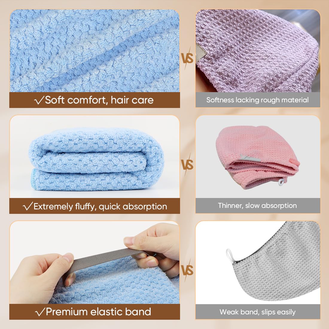 HOMEXCEL 5 Pack Microfiber Hair Towels - 40 x 20 inches Super Soft, Fast Drying Turbans for Long, Thick, Curly Hair - Anti Frizz Wrap with Elastic Beauty and Personal Care HOMEXCEL