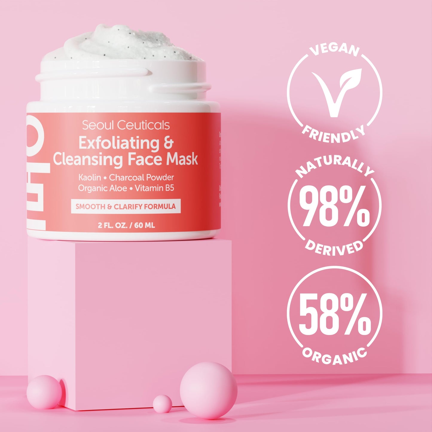 SeoulCeuticals Korean Face Scrub - Exfoliating Face Mask Skincare K Beauty Mask for Glass Skin - Kaolin Clay + Charcoal Cream Exfoliant Mask 2oz Beauty & Personal Care SeoulCeuticals