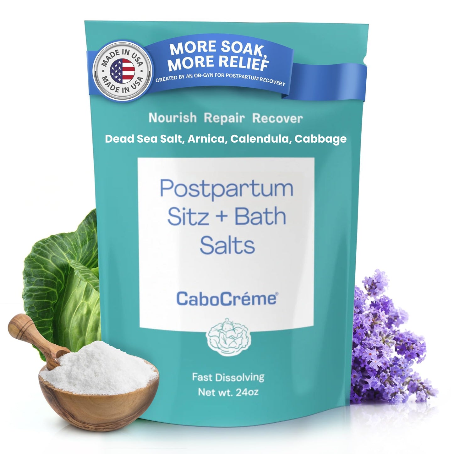 CaboCréme Postpartum Sitz + Bath Salts - 24oz - Postpartum Bath Soak for Perineal Care, Healing Tears, Swelling & Hemorrhoids - Dead Sea Salt Beauty and Personal Care Cabocreme