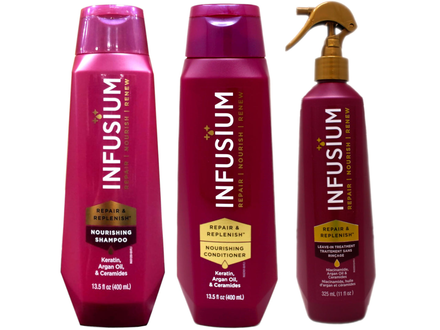 Infusium Professional Shampoo 13.5 oz, Conditioner 13.5 oz, and Leave-In Treatment 11 oz Set - Repair & Replenish - 3 Bottles Beauty & Personal Care Infusium