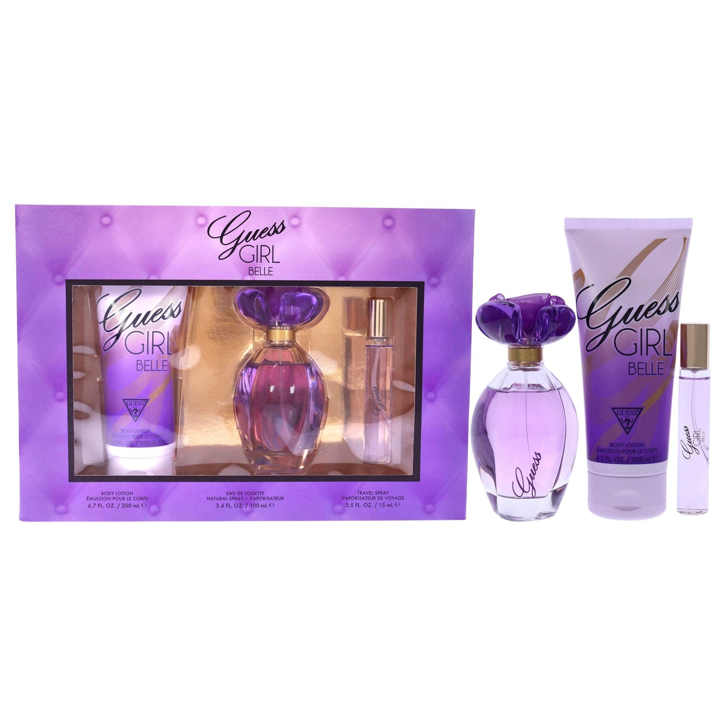 Guess Girl Belle 3 Pc Gift Set 3.4oz EDT Spray, 0.5oz EDP Travel Spray, 6.7oz Body Lotion GIFTSET Beauty & Personal Care GUESS