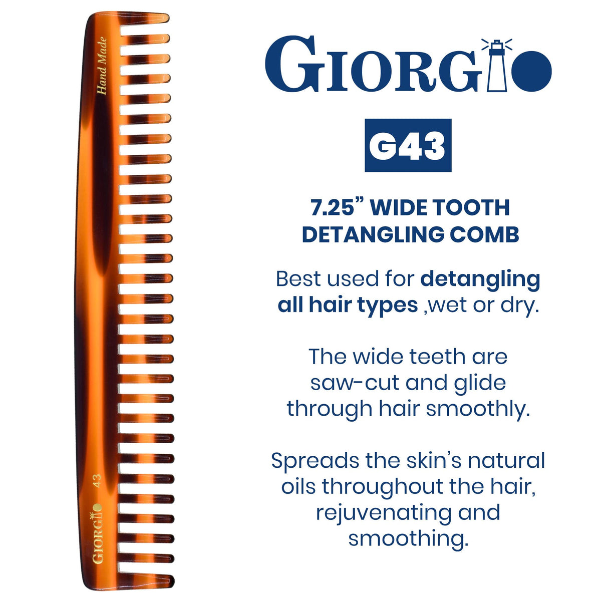 Giorgio G43 Large 7.25 Inch Detangling Comb, Wide Teeth for Thick Curly Wavy Hair. Long Hair Detangler Comb For Wet and Dry. Handmade of Quality
