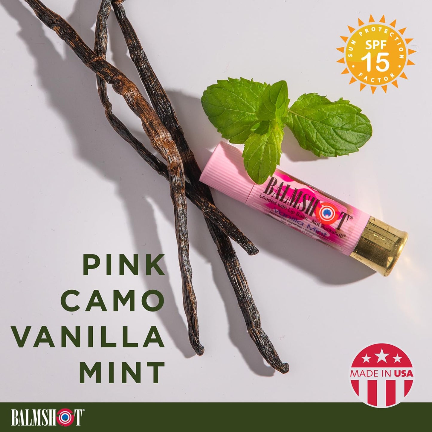 BALMSHOT Camo Vanilla Mint Lip Balm SPF 15 (4-Pack) - Beeswax Chapstick in 20-Gauge Brass Shotgun Shell Tube, Outdoor Lip Protector for Hunting Beauty and Personal Care Balmshot