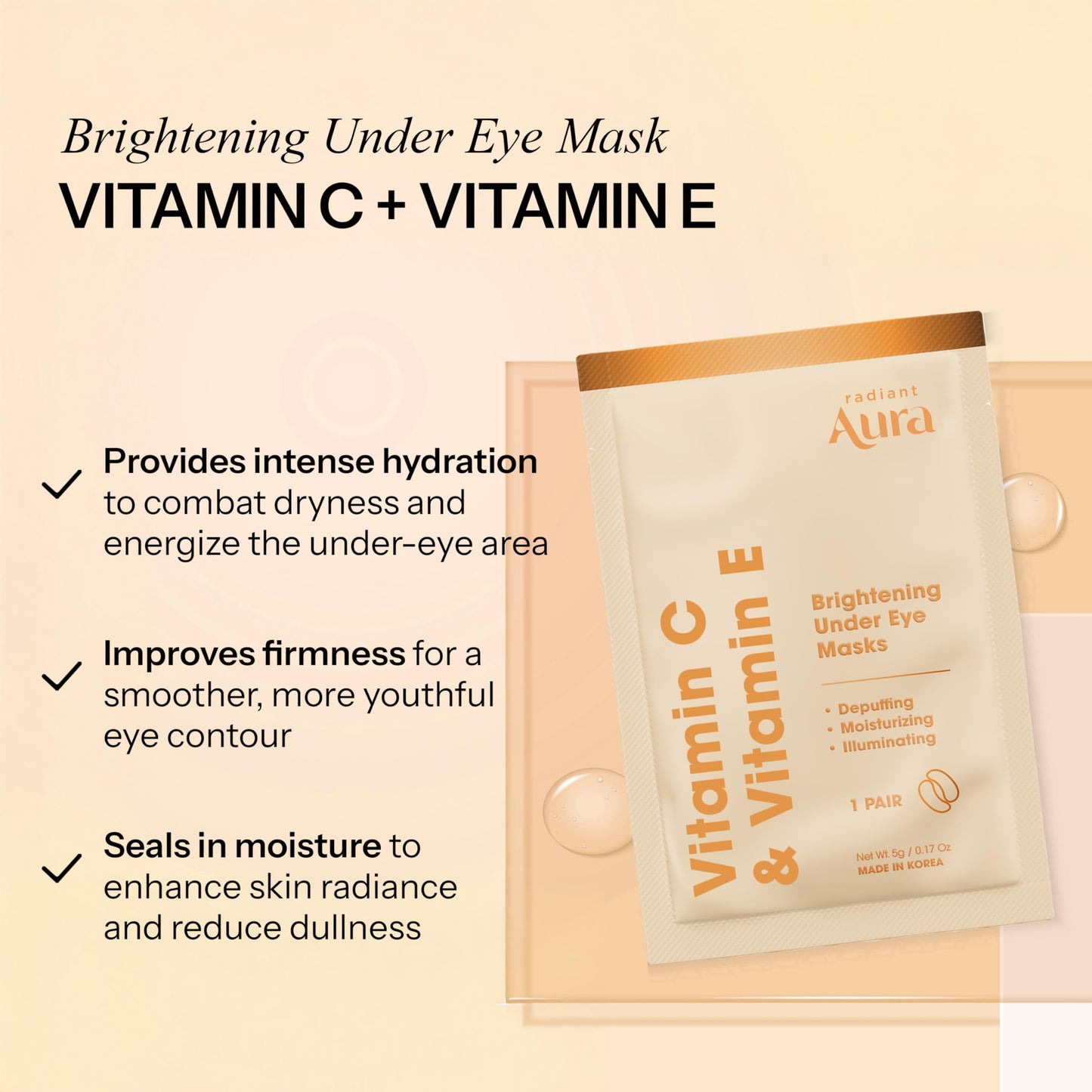 Radiant Aura Vitamin C & Vitamin E Under Eye Patches - Dermatologist Tested, Anti Aging, Korean Skin Care - Hydrates, Firms, Reduces Look Of Fine Beauty & Personal Care Radiant Aura