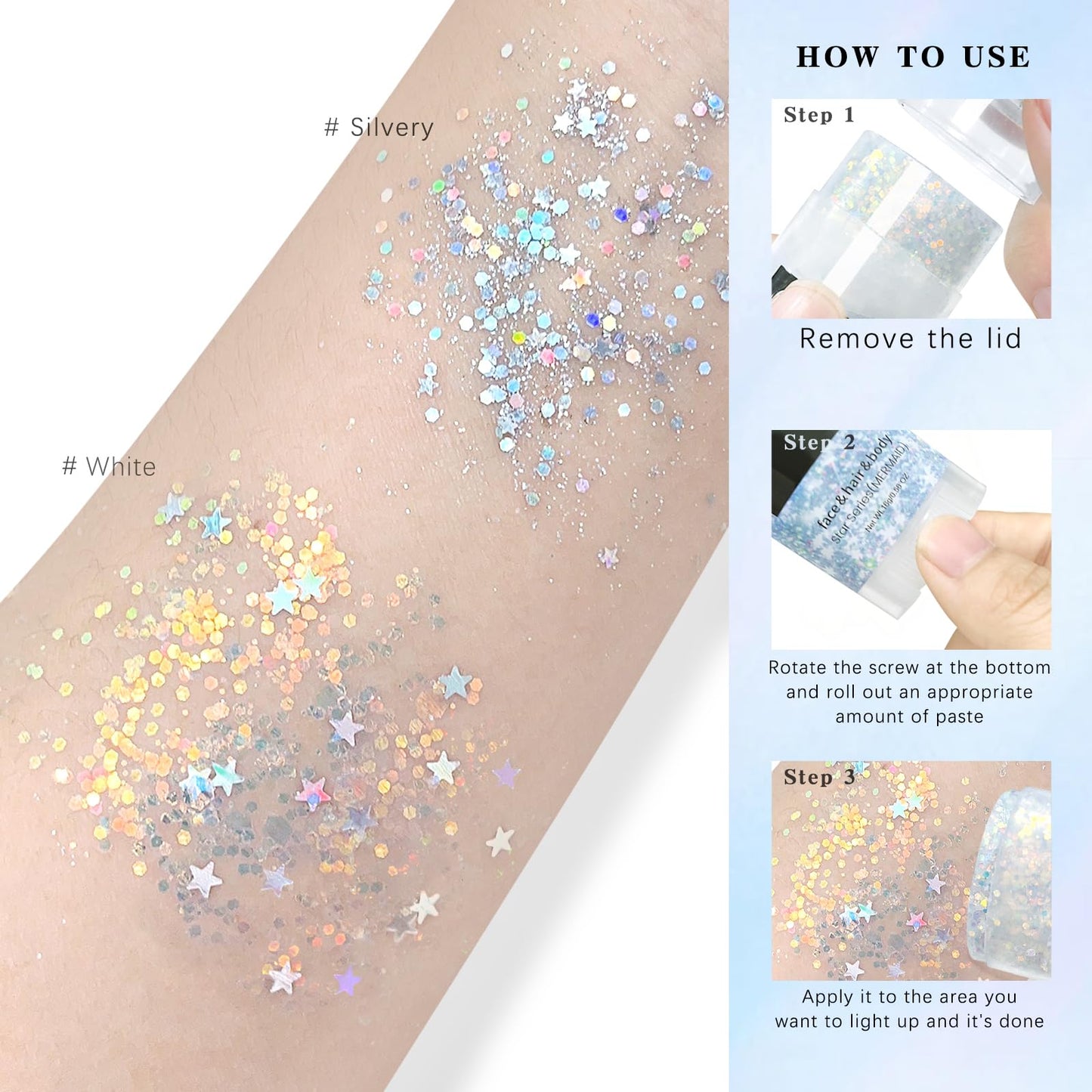 HOSAILY Silver Body Glitter Stick, Sparkling Holographic Sequins Glitter Gel, Body Shimmer Face Paint Glitter for Eye Hair Nail Lip, Chunky Glitter Beauty & Personal Care HOSAILY