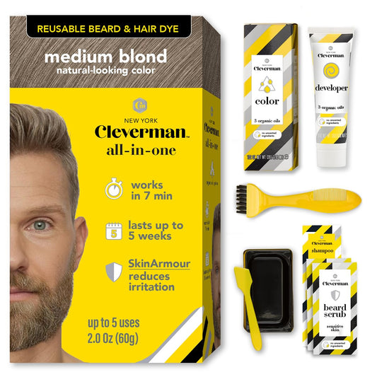Reusable Hair & Beard Dye for Men - Medium Blond 8.01 | Up to 5 Uses, 7 Minutes | Natural Gray Coverage, No-Drip Cream with SkinArmour® - Cleverman Beauty & Personal Care CLEVERMAN