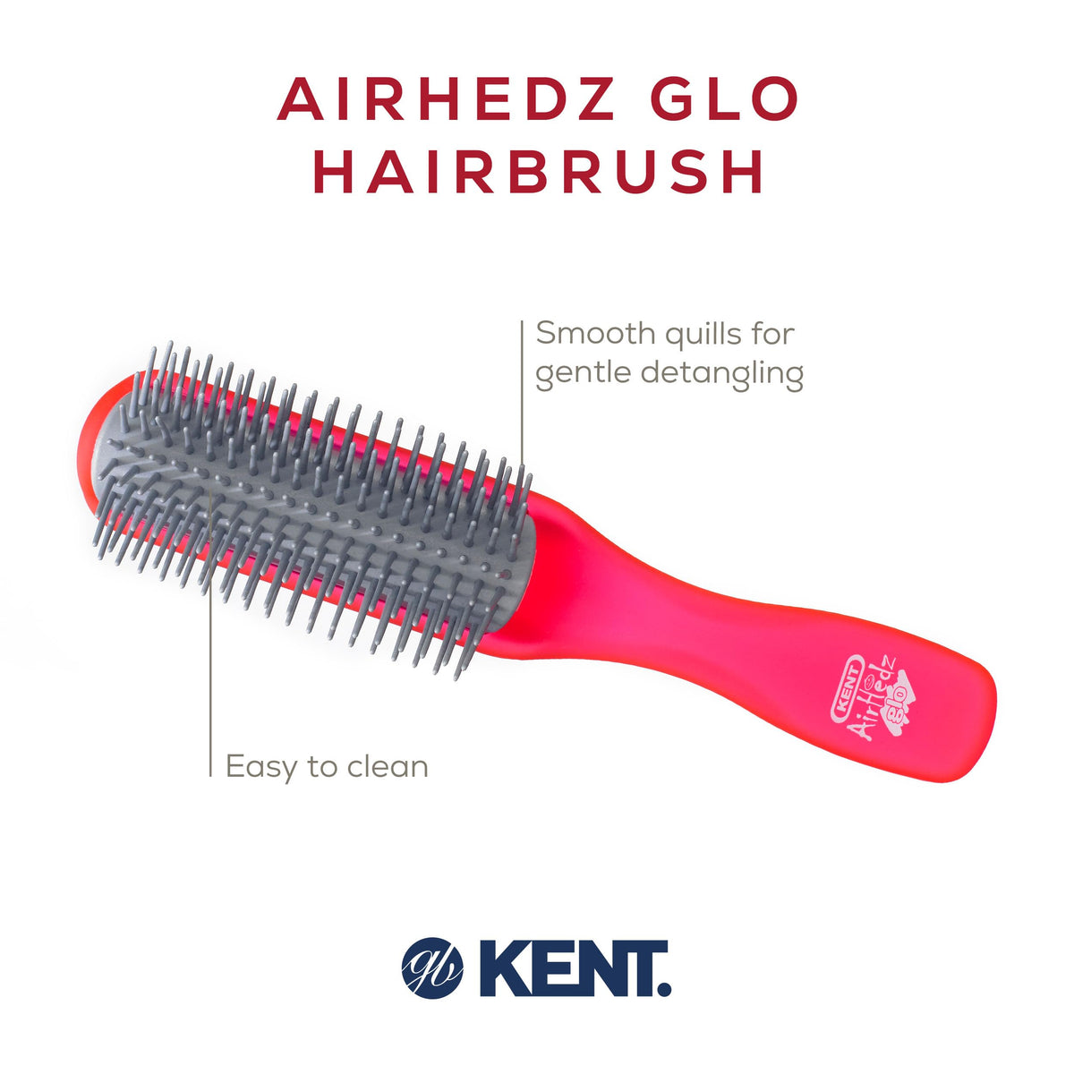 Kent AHGLO01 Airhedz Glo Red Half Round Narrow Detangling Hair Brush - 9 Row Ionic Anti Static Non Scratch Long Nylon Bristle Great for Detangling and