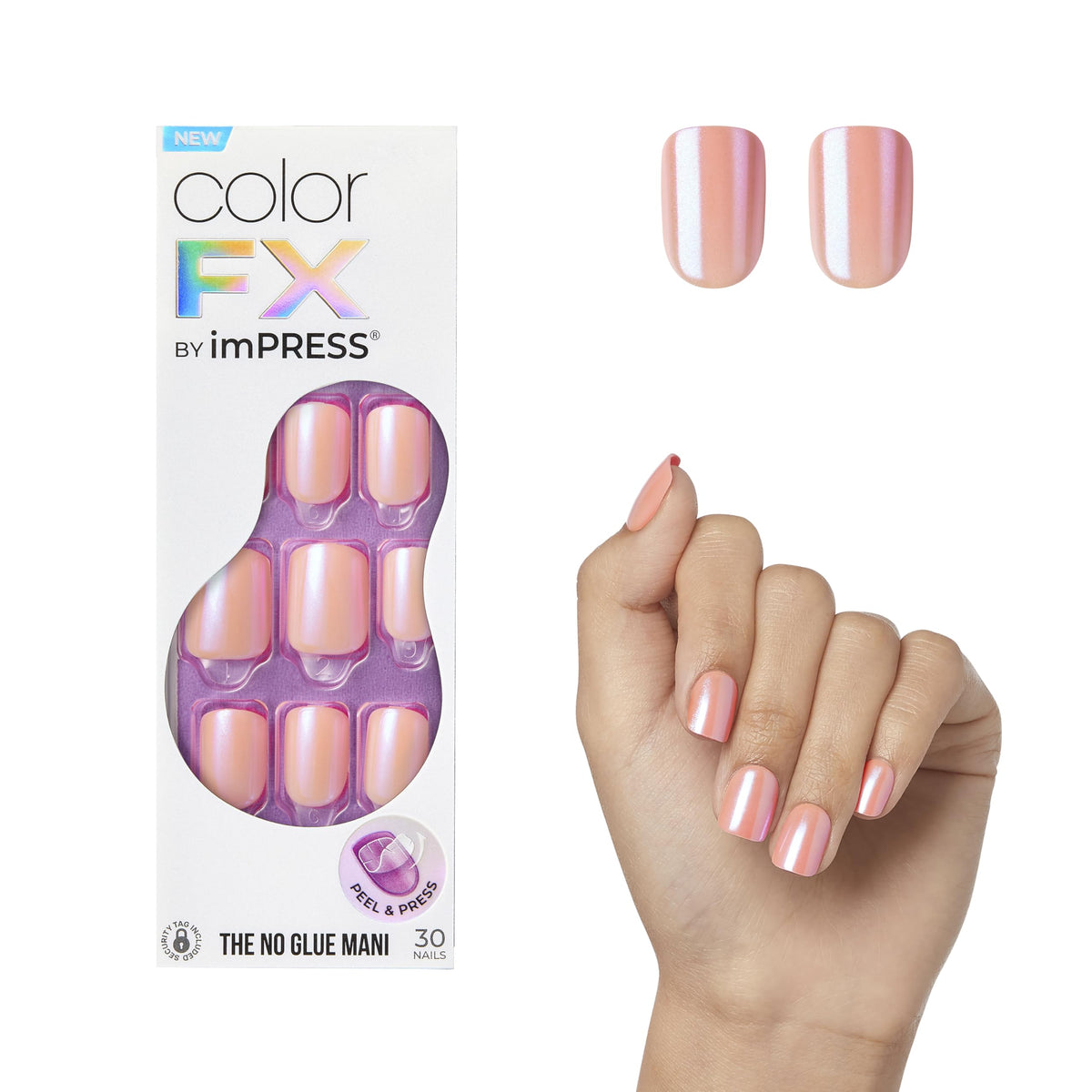 Kiss Impress No Glue Mani Press On Nails, Color FX, 'Satellite', Pink, Short Size, Squoval Shape, Includes 30 Nails, Prep Pad, Instructions Sheet, 1