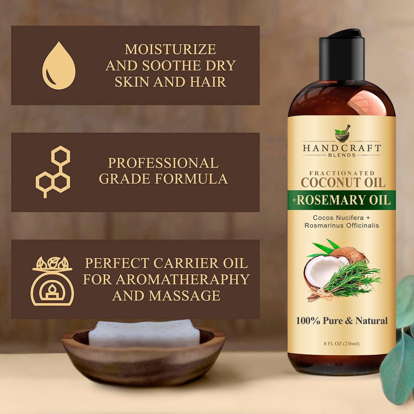Handcraft Blends Fractionated Coconut Oil Infused with Rosemary - 8 Fl Oz - 100% Pure and Natural - Premium Grade Carrier for Skin, Hair and Massage Beauty & Personal Care Handcraft Blends