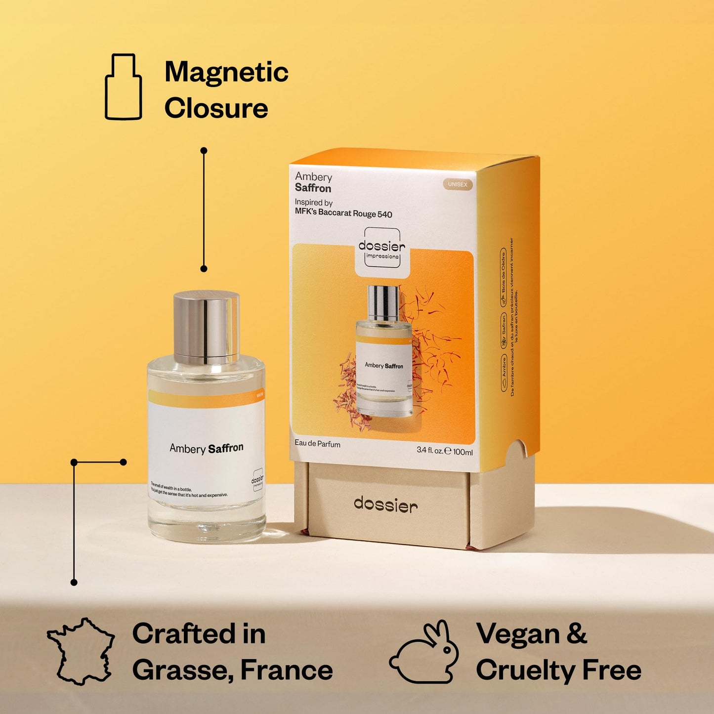 Dossier - Ambery Saffron - Eau de Parfum - Inspired by Baccarat Rouge 540 - Long-Lasting Fragrance - Unisex - 3.4 fl oz (100ml) Beauty & Personal Care Dossier