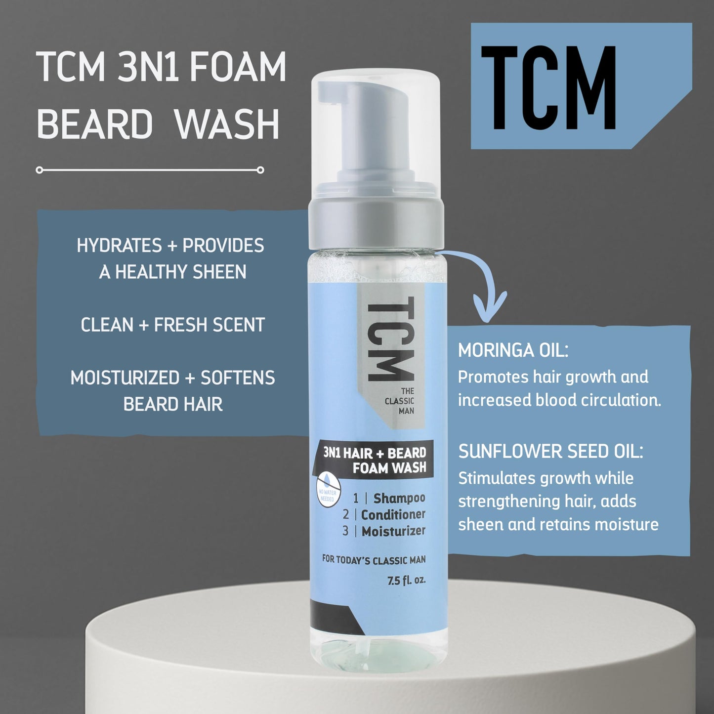 TCM 3N1 Hair + Beard Foam Wash, Shampoo & Conditioner for Softening & Hydrating, No-Rinse Foam Beard Cleanser for Care & Grooming 7.5 oz Beauty & Personal Care TCM