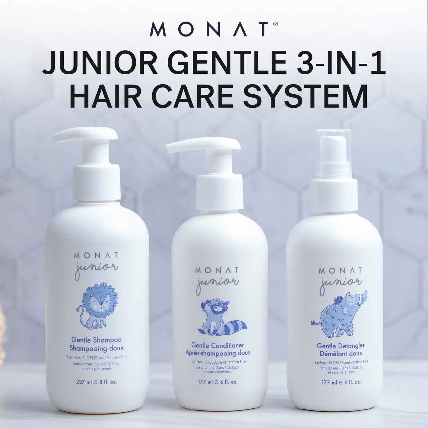 MONAT Junior Gentle 3-in-1 Hair Care System - Shampoo, Conditioner, Detangler for Children (8 fl. oz./6 fl. oz.) Beauty & Personal Care MONAT