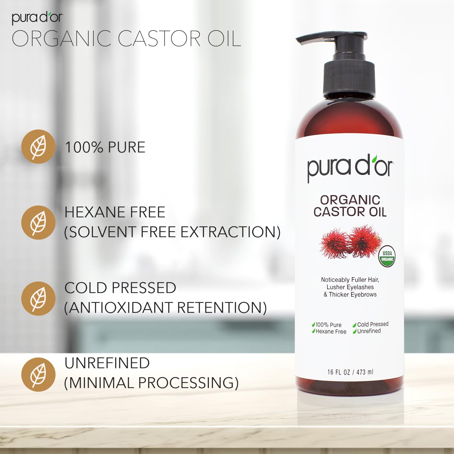 PURA D'OR ORGANIC Castor Oil (16 Oz) Pure Cold-Pressed Hexane-Free USDA Certified Beauty & Personal Care PURA D'OR