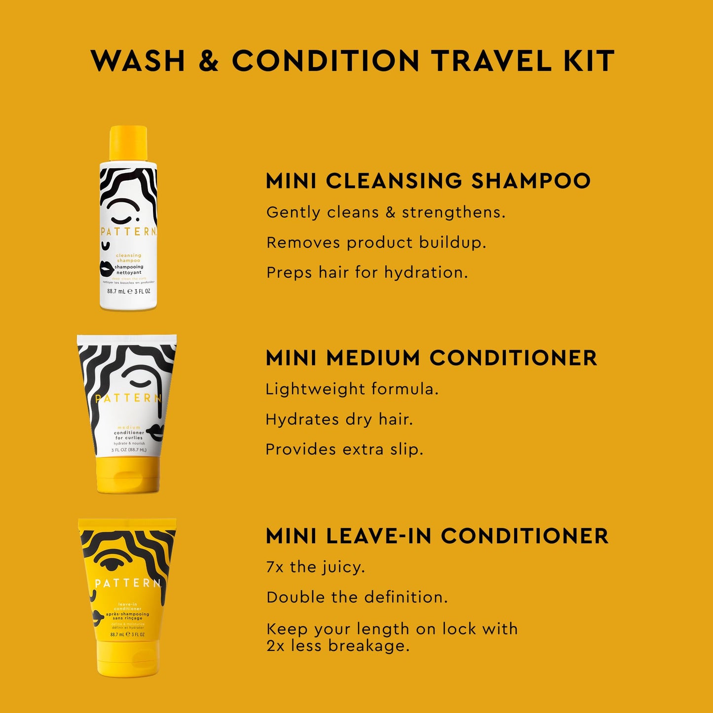 PATTERN Wash & Condition Travel Kit, Shampoo and Conditioner Set, 3 Mini Travel-Size Items, 3 oz Each Beauty & Personal Care PATTERN