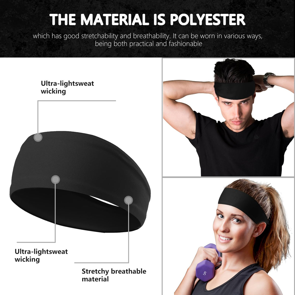 LTHYHJ Men's Metal Headband, Men's Neutral Black Wavy Spring Outdoor Sports 6-Piece Set, Headband for Men and Women, Suitable for Running, Cycling,