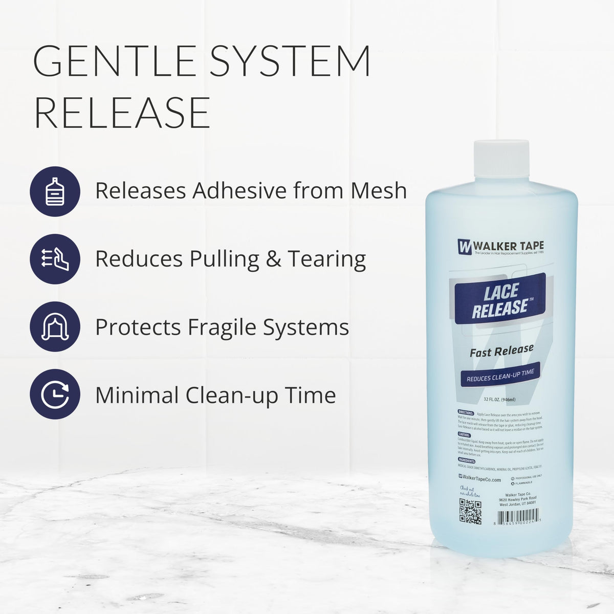 Walker Tape Lace Release 32 fl oz Alcohol Solution for Mesh Systems, Skin-Safe Formula Lifts Glue from Delicate Bases, Gentle Cleanup for Lace Front