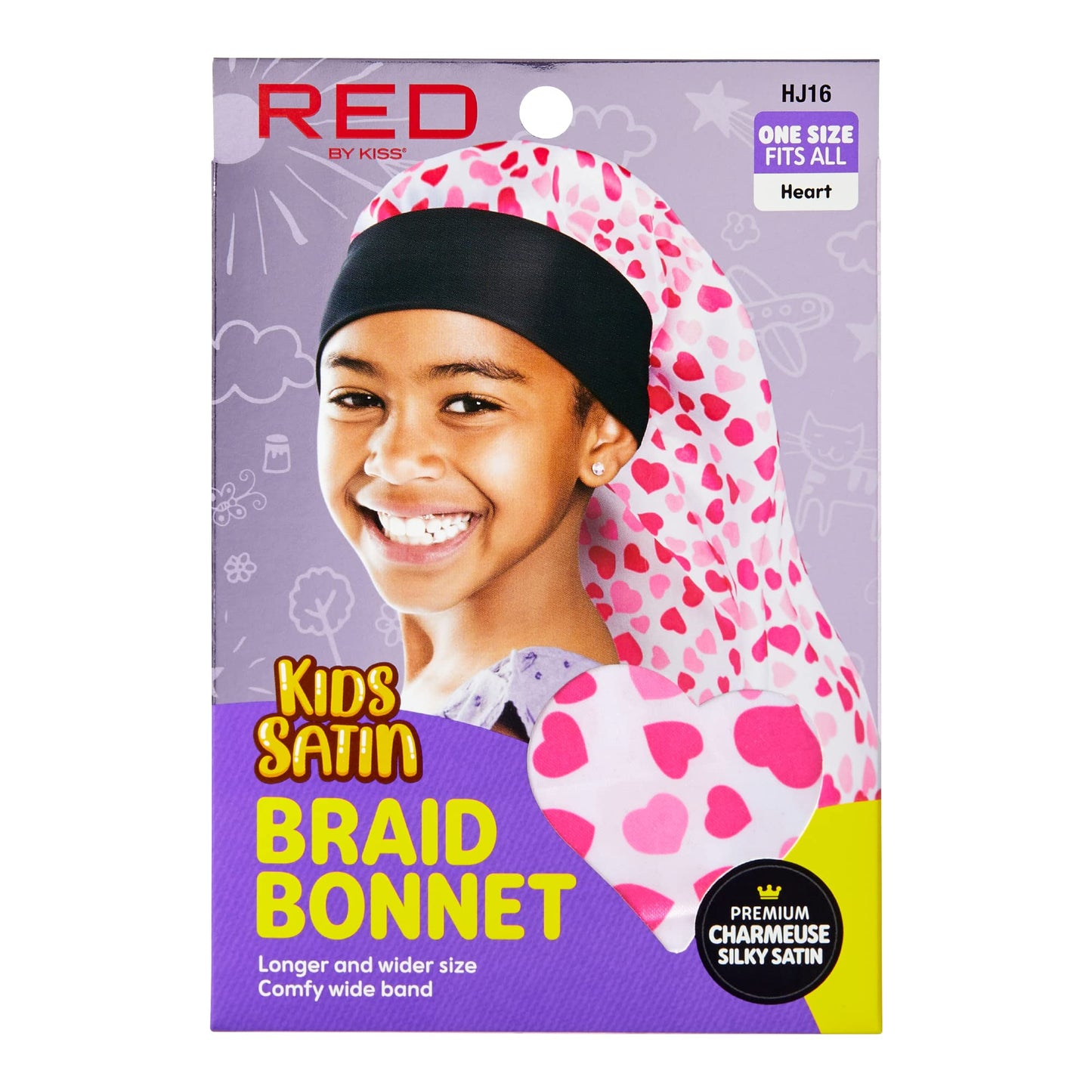 Red by Kiss Kids Satin Braid Bonnet, Comfy Wide Band for Long Hair, Long Braids (Hearts) Multi Color Beauty and Personal Care Red by Kiss