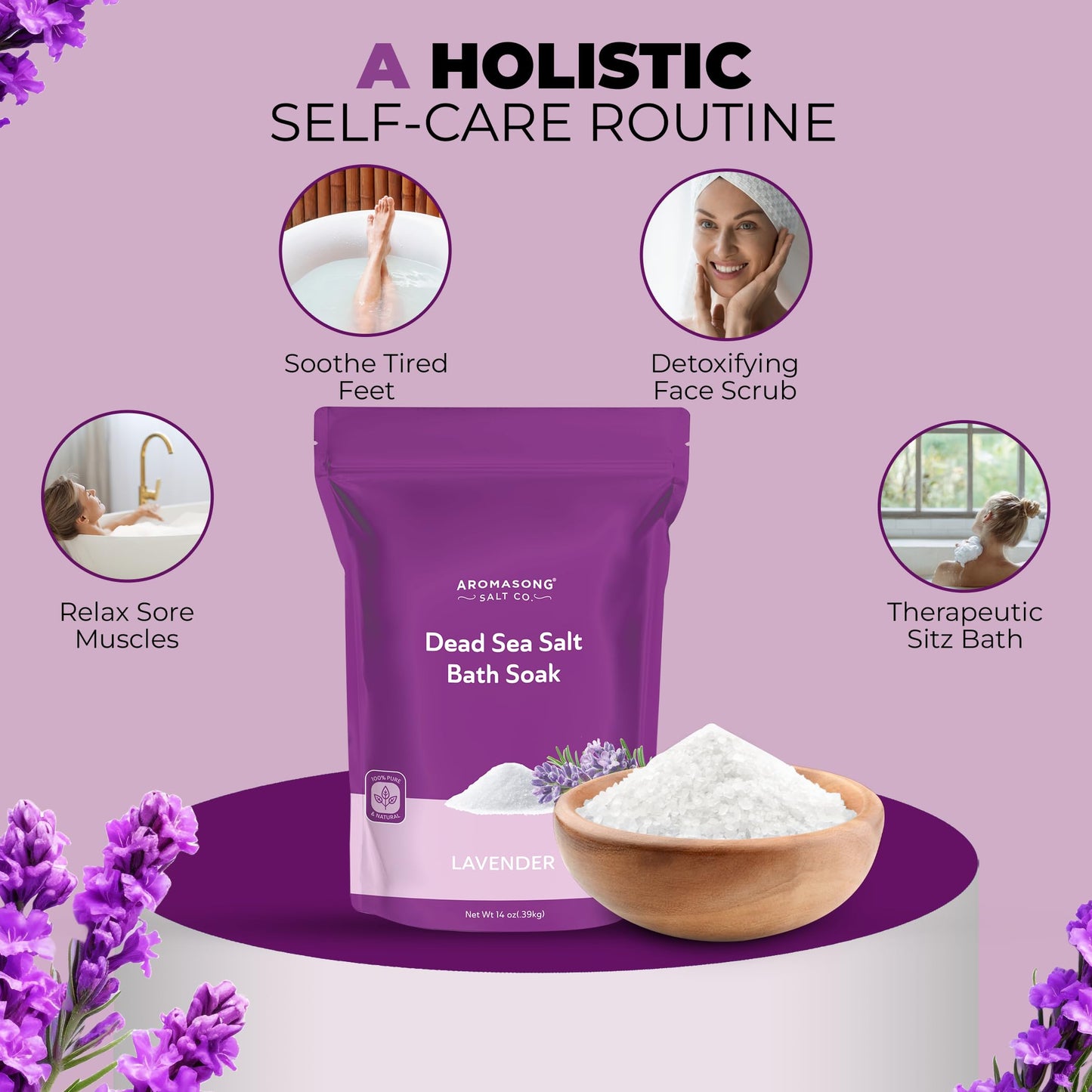 Aromasong Dead Sea Salt for Soaking with Natural Lavender Essential Oil - 14 Oz. Spa Bath Salt Fine Grain 7 Uses Per Pack - for Body Wash Scrub - Soak Beauty and Personal Care Aromasong