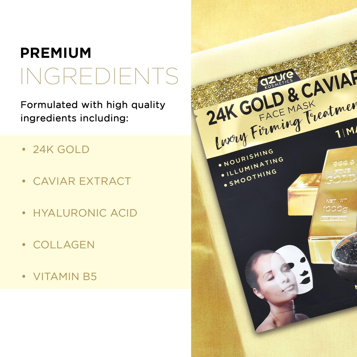 Azure Cosmetics 24K Gold and Caviar Anti Aging Luxury Face Mask - Hydrating & Firming Facial Mask - Helps Reduce Wrinkles & Fine Lines - Beauty & Personal Care Azure Cosmetics