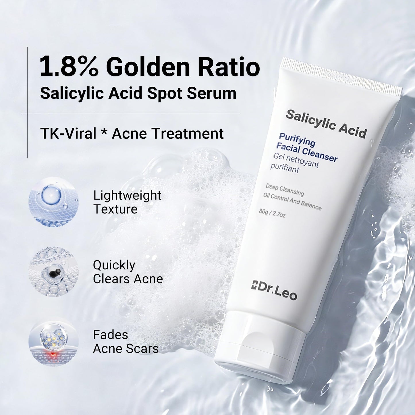 Dr.leo Salicylic Acid Cleanser, Acne Face Wash for Oily Skin - Daily Oil Control, Gentle Plant Extracts, 8 Amino Acids, Deep Cleans Minimizes Pores Beauty & Personal Care Dr.Leo