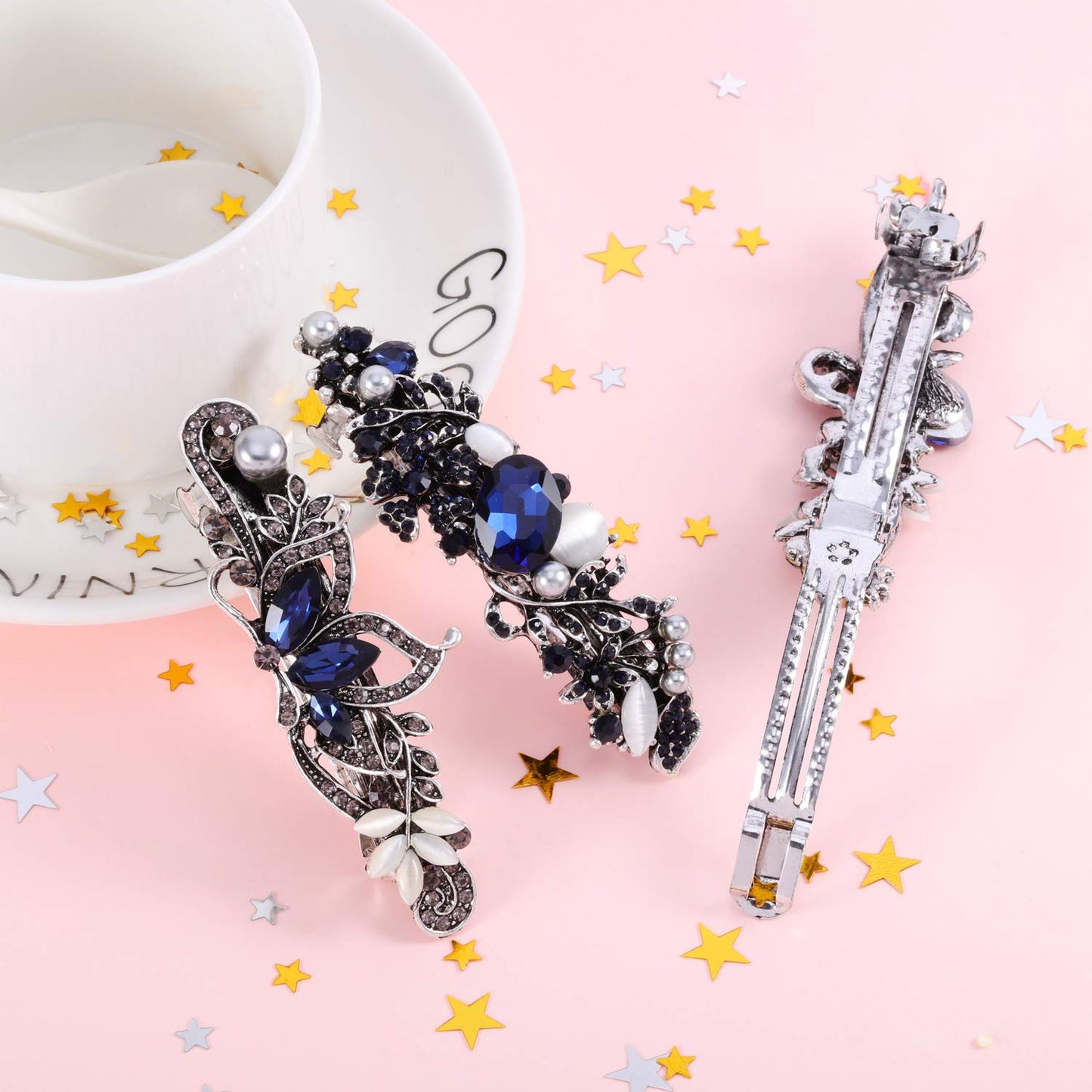 5 Pieces Crystal Rhinestones Hair Barrettes Large Flower Butterfly Pearl French Vintage Clip Wedding Navy Hair Jewelry for Thick long Hair Beauty & Personal Care Blulu