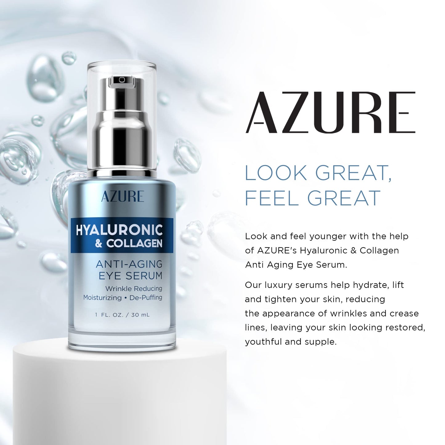 AZURE Hyaluronic & Collagen Anti Aging Eye Serum - Moisturizing, Replenishing & De-Puffing | Reduces Wrinkles, Fine Lines & Under Eye Bags | Locks In Beauty & Personal Care Azure Cosmetics