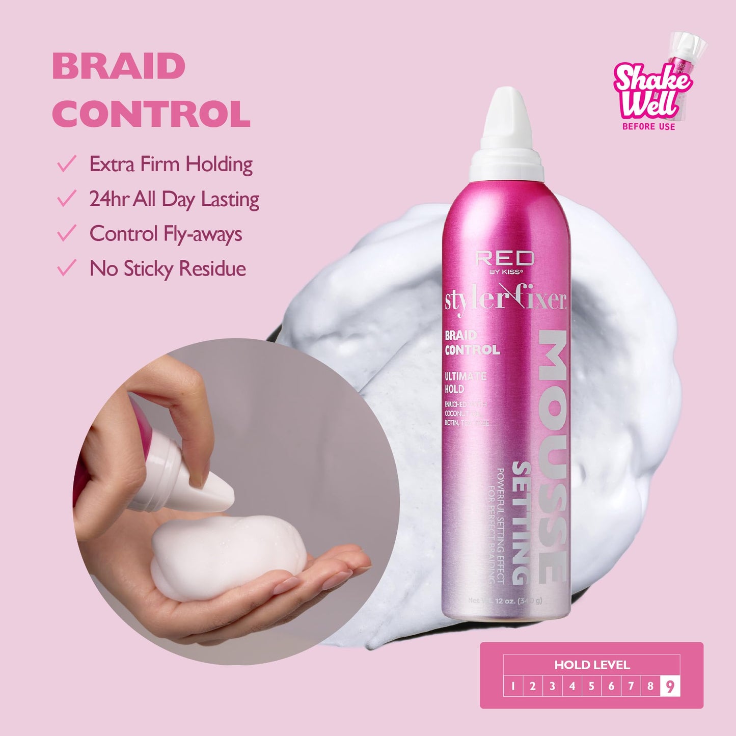Red by Kiss Setting Mousse Braid Frizz Control, Curl Definition, Shine, Maximize Volume, Ultimate Hold, Long Lasting, Non Sticky Creamy Foam Style Beauty & Personal Care Red by Kiss