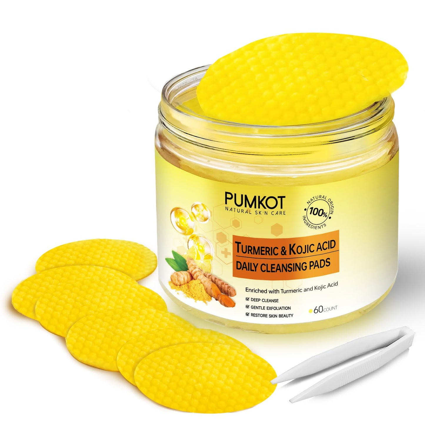 Pumkot Turmeric Kojic Acid Cleansing Pads, Turmeric Face Scrub Pads Enriched with Kojic Acid, 60PCS Beauty & Personal Care Pumkot