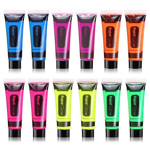 12 Pcs Glow in the Dark Face Body Paint,Blacklight Neon Face & Body Paints,Easily Cleanable Paint Set Neon Makeup Glow in the Dark Party Supplies Beauty & Personal Care BKPPLZP
