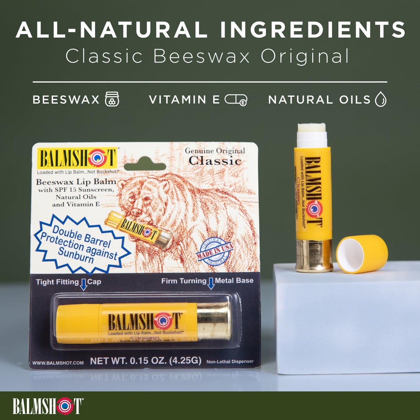 BALMSHOT Lip Balm (2-Pack) of Classic & Pure Pink Vanilla Mint - SPF 15, Beeswax Chapstick for Dry Chapped Lips, 20-Gauge Brass Shotgun Shell Tube Beauty & Personal Care Balmshot