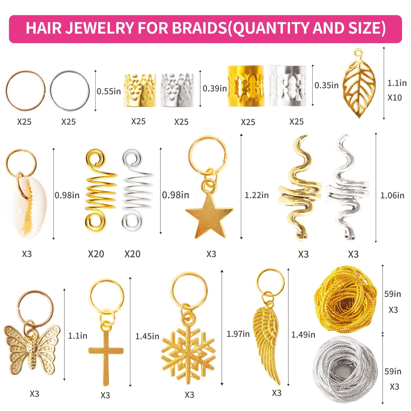 230PCS Hair Jewelry Beads?Dreadlocks Jewels for Women Braids, Gold And Silver Winding Line, Metal Hair Rings Cuffs Clips?Hair Charms Pendants Braid Beauty & Personal Care Vaikby