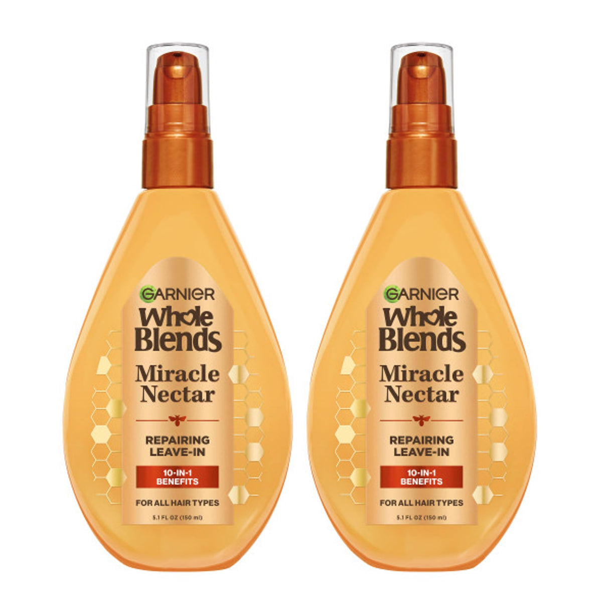 Garnier Whole Blends Sulfate Free Remedy Miracle Nectar 10-in-1 Repairing Leave-In Conditoner for All Hair Types, Honey Treasures, 5 Fl Oz, 2 Count