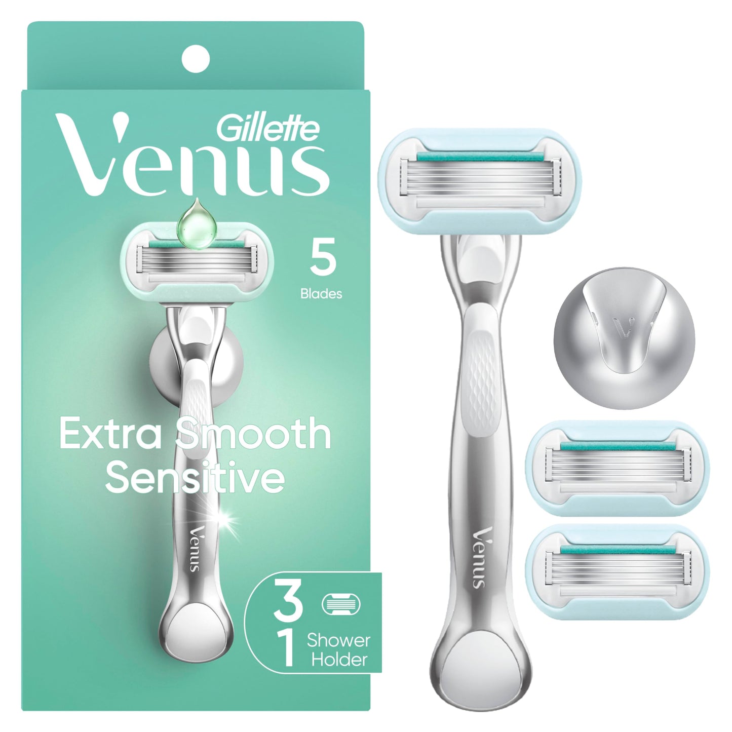 Gillette Venus Extra Smooth Sensitive Women's Razor with Reusable Handle, 3 Blade Refills and Shower Holder Beauty and Personal Care Gillette Venus