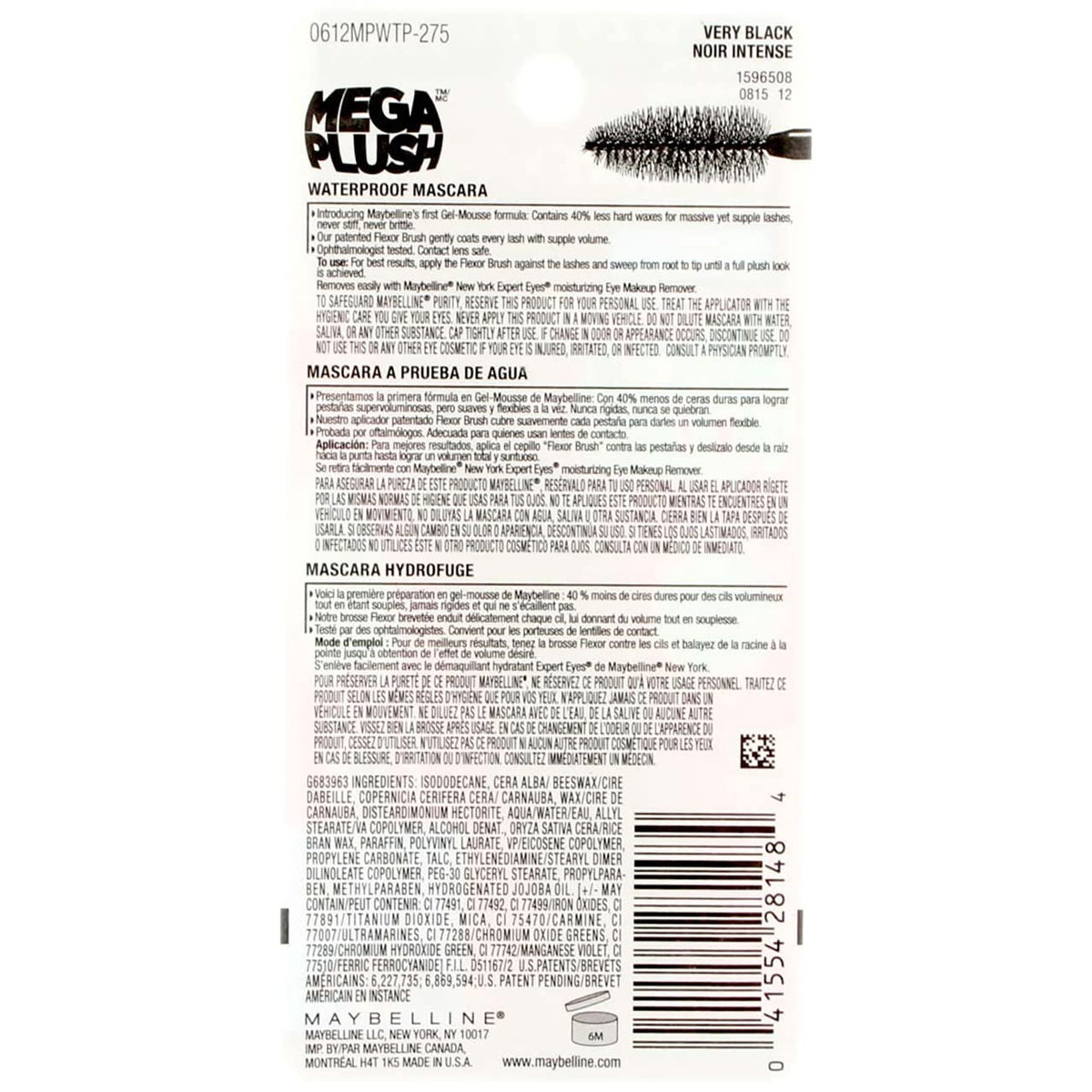 Maybelline New York Volum' Express The Mega Plush Waterproof Mascara, Very Black [275], 0.3 oz (Pack of 2)
