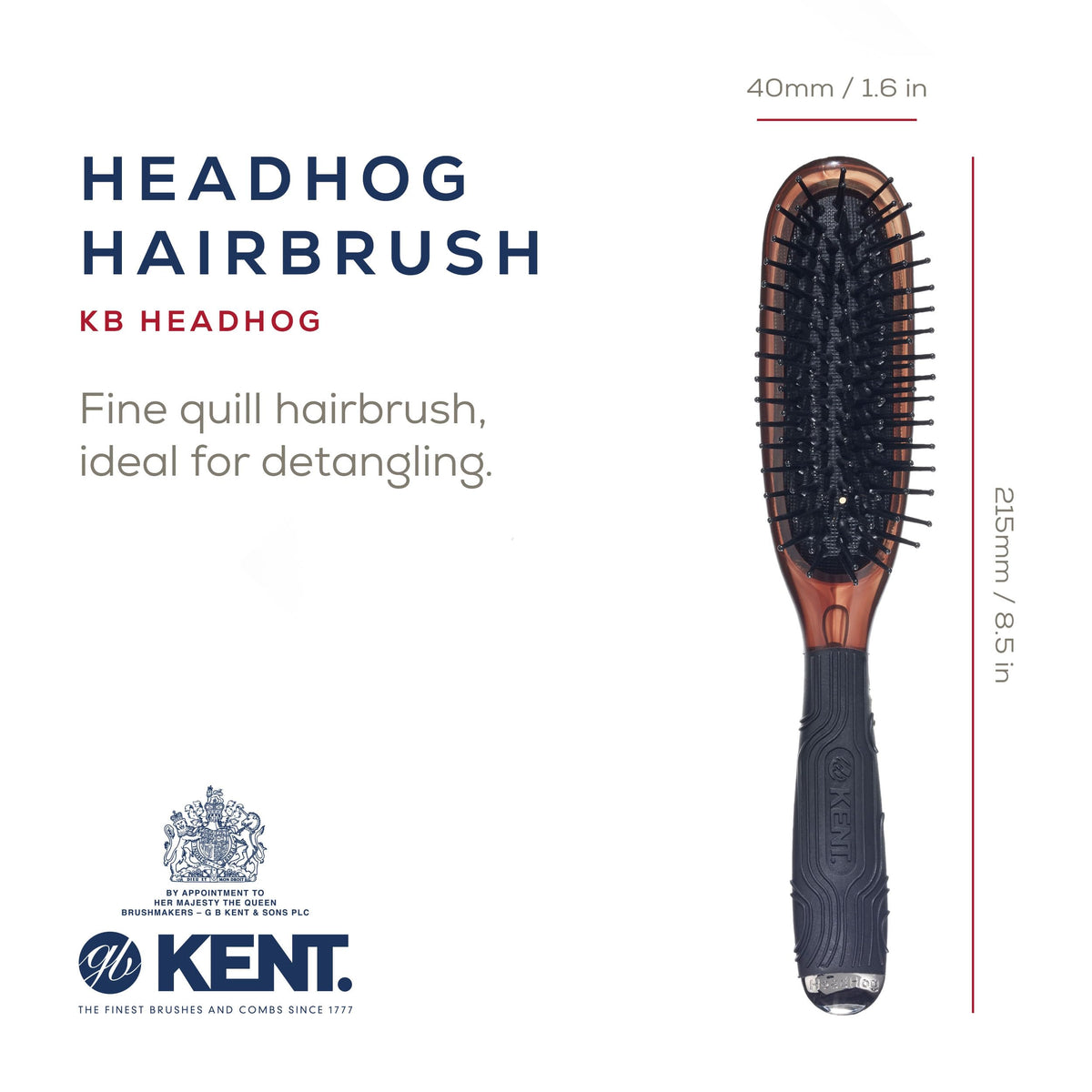 Kent Headhog Detangler Brush, Anti Static HairBrush with Rounded Nylon Bristles for All Hair Types, Travel Brush with Ergonomic Rubber Grip for Easy