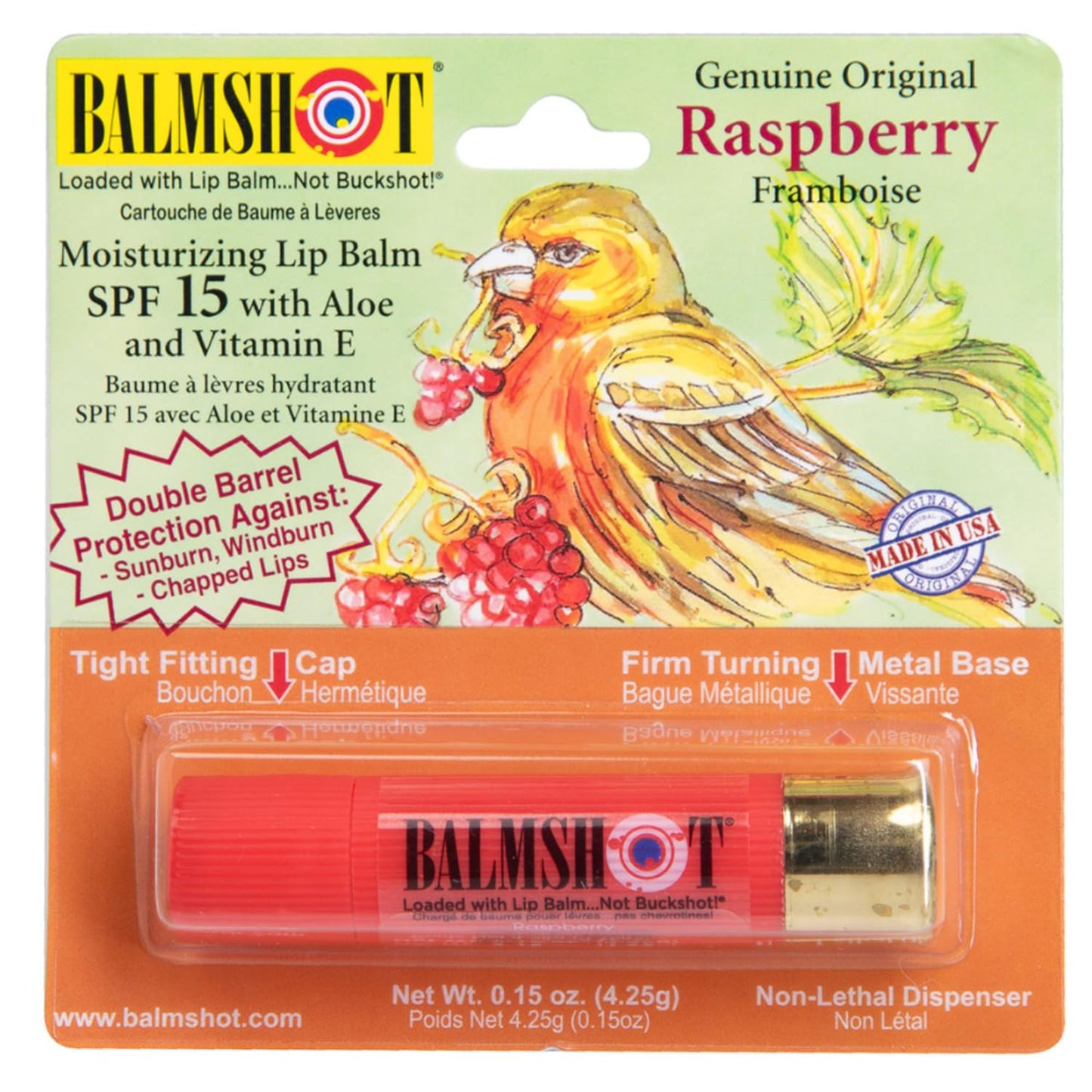 BALMSHOT Raspberry Lip Balm SPF 15 - Beeswax Chapstick for Dry Chapped Lips, 20-Gauge Brass Shotgun Shell Tube, Heat Resistant, Long Lasting Lip Beauty & Personal Care Balmshot