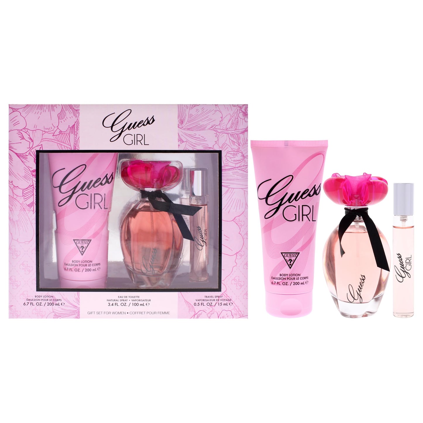 GUESS Girl Eau de Toilette 3 Piece Gift Set - Perfume Spray 3.4 Fl. Oz., Travel Spray 0.5 Fl. Oz., & Body Lotion 6.7 Fl. Oz Beauty & Personal Care GUESS