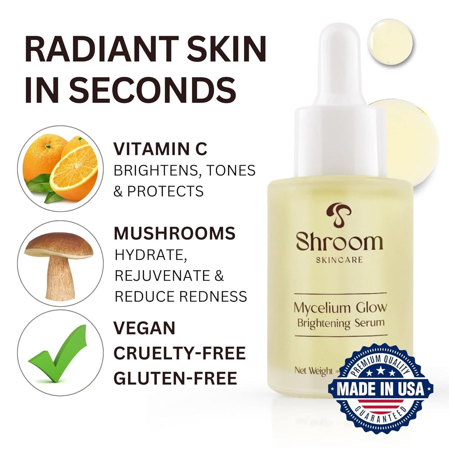Shroom Skincare Mycelium Glow Mushroom Brightening Vitamin C Face Serum Facial Moisturizer - All Skin Types Vegan Serums for Skin Care Anti Aging Beauty & Personal Care Shroom Skincare