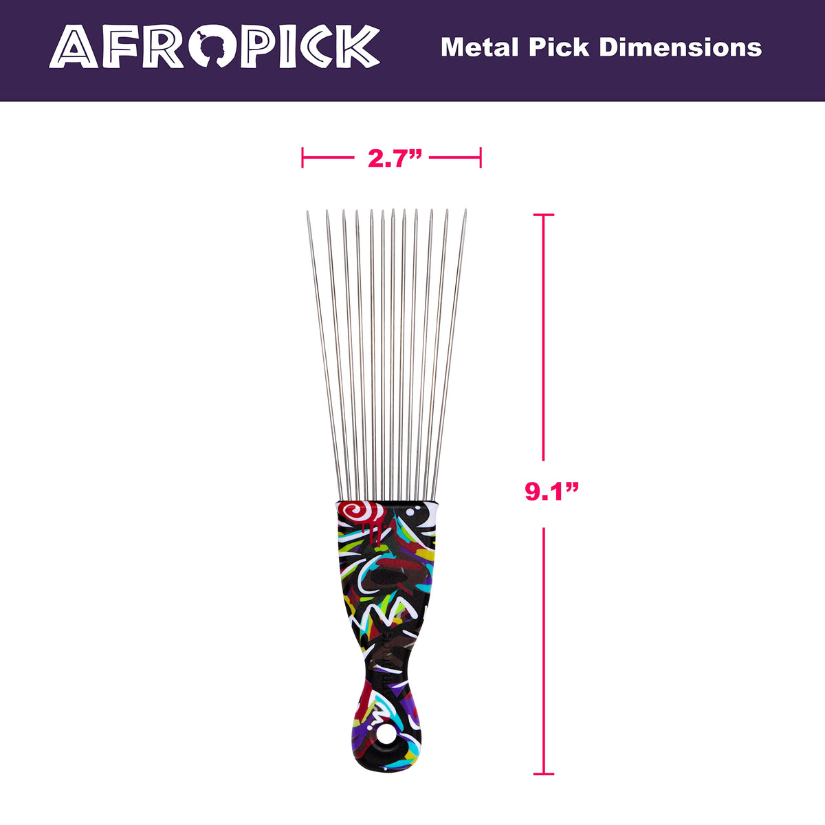Afropick Metal Black Hair Pick for Natural Curly Long Thick Hair- Afro Pick Comb for Men, Women- African Artist Designs IMPROVED 2.0 (Breathe)