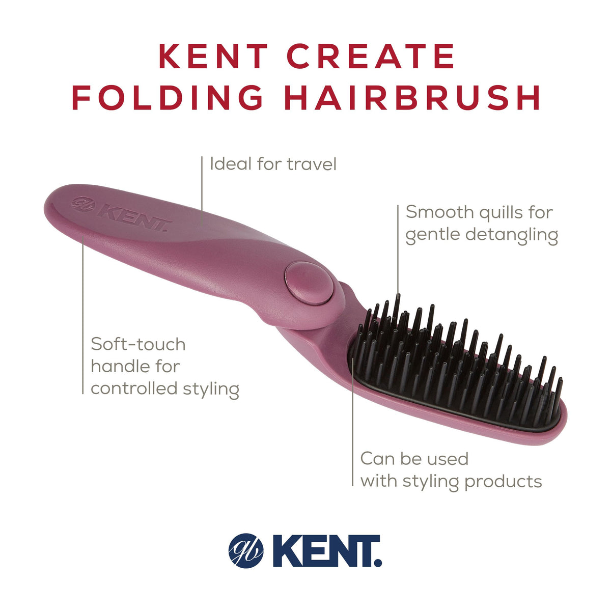Kent KCR10 Create Folding Hair Brush for Styling Short Hair - Travel Brush for Men and Women, Anti-Static, Scalp Stimulating, Nylon Bristle in Purple