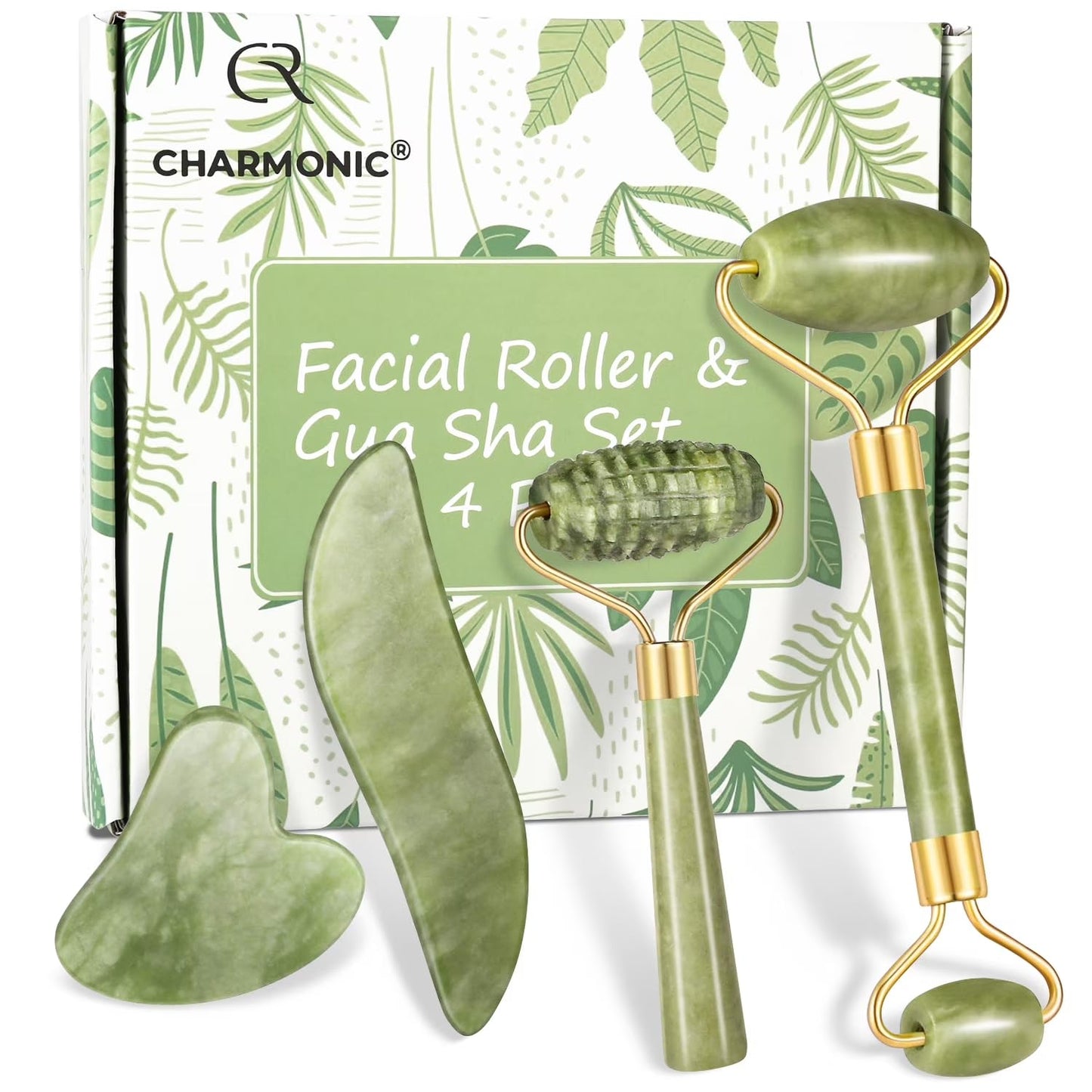 4-pcs Jade Roller & Gua Sha Set, Facial Roller Massager with Gua Sha Scraping Tool, Jade Stone Massager for Anti-aging, Slimming & Firming, Rejuvenate Beauty & Personal Care Charmonic