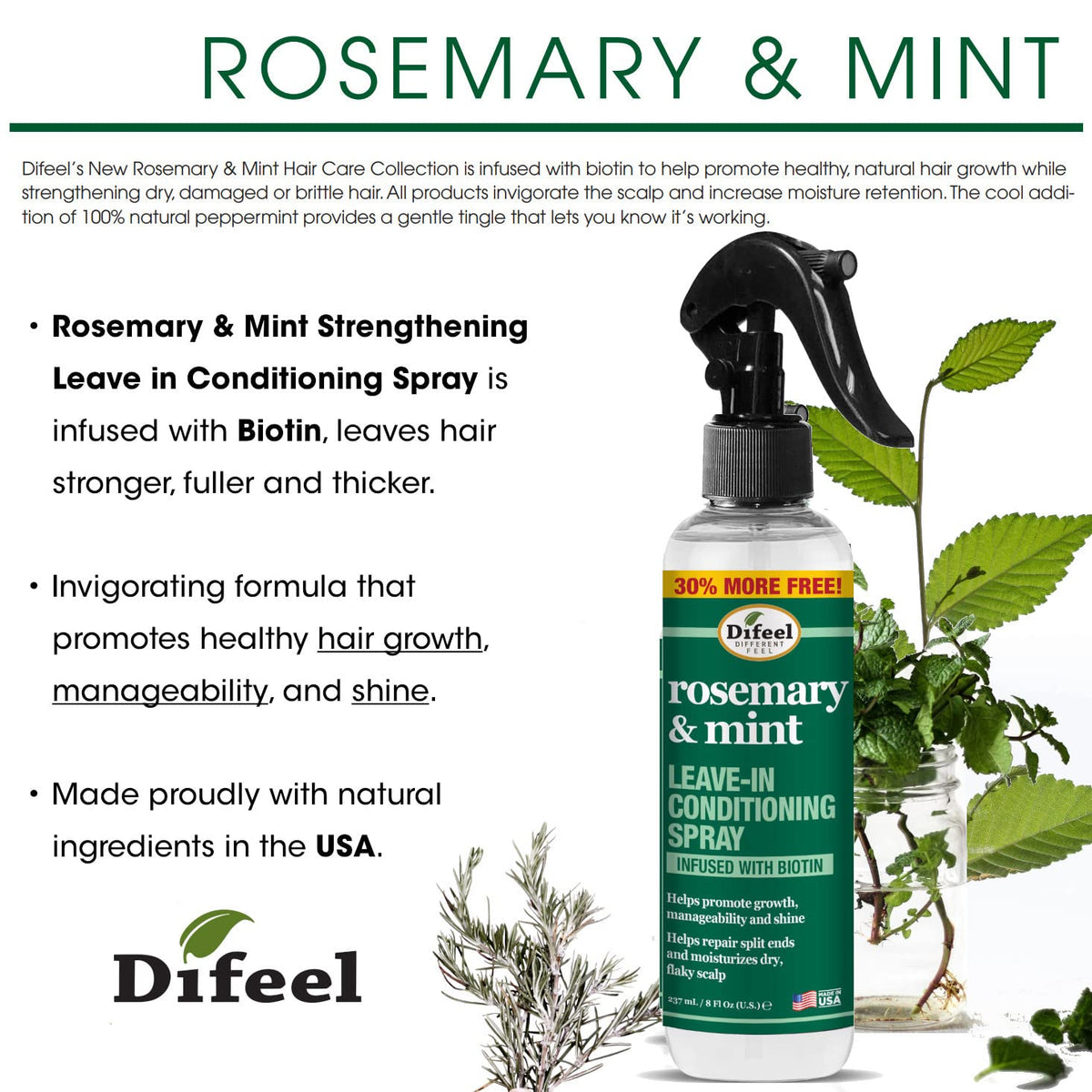 Difeel Rosemary and Mint Strengthening Leave-In Conditioning Spray with Biotin Bonus Size 8 oz. - Made with Natural Mint & Rosemary Oil for Hair