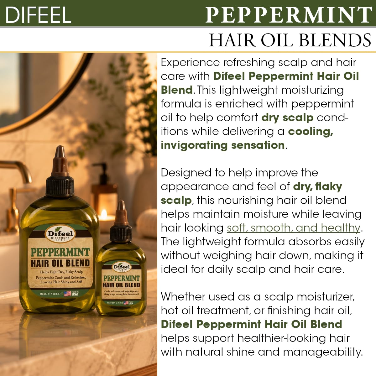Difeel Peppermint Hair Oil Blend 7.1 Ounce - For Dry & Flaky Scalp, Cools & Refreshes Hair, Leaves Hair Shiny & Soft, Provides Immediate & Long