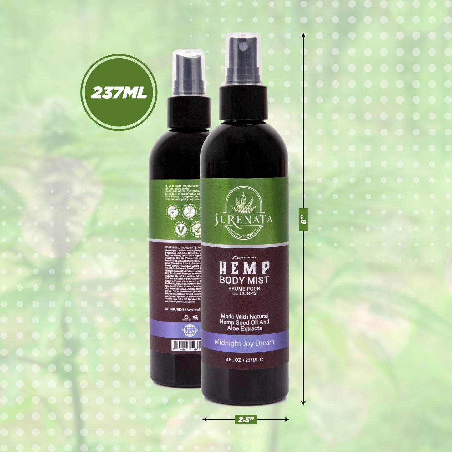 Natural and Organic Fragrance 8 Oz Body Mist Spray by Serenata - Vegan, Alcohol and Paraben Free, Headache Free, with Hemp Seed Oil and Aloe EDP Beauty & Personal Care Serenata