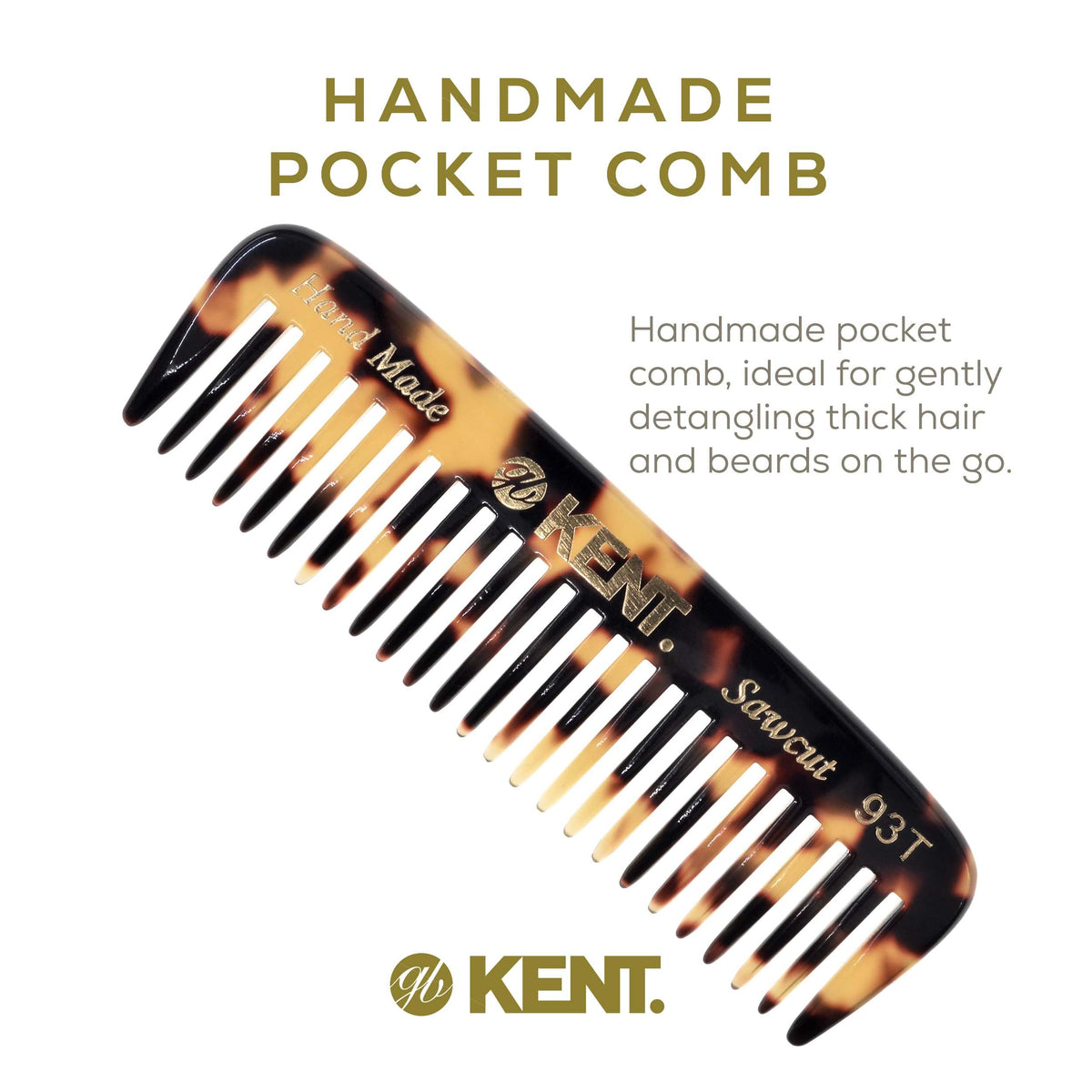 Kent 93T Tokyo Yellow Wide Tooth Small Comb for Men's Mustache and Beard Grooming, Pocket Sized Detangler Travel Comb, Saw-Cut and Polished, Handmade