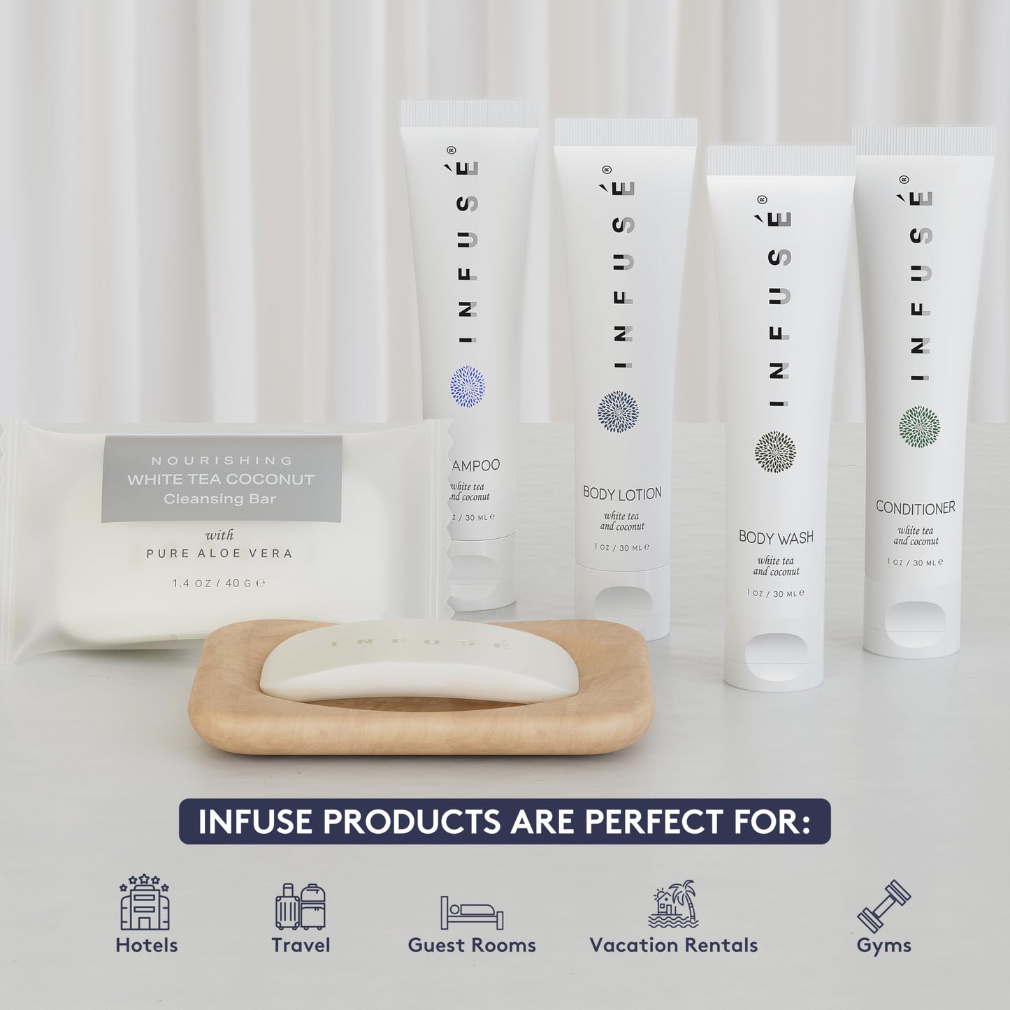 Infuse Pure White Tea and Coconut All-In-Kit Hotel Soaps and Toiletries Bulk Set | 1oz Shampoo & Conditioner, Body Wash, Lotion & 1.25oz Bar Soap | Beauty & Personal Care Terra Pure